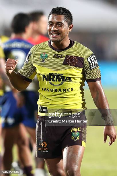 Broncos team mates celebrate after the round six NRL match between the New Zealand Warriors and the Brisbane Broncos at Mt Smart Stadium on April 14,...