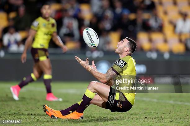 Darius Boyd of the Broncos takes a catch during the round six NRL match between the New Zealand Warriors and the Brisbane Broncos at Mt Smart Stadium...