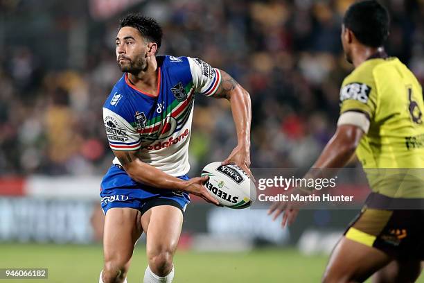 Shaun Johnson of the Warriors looks to pass during the round six NRL match between the New Zealand Warriors and the Brisbane Broncos at Mt Smart...