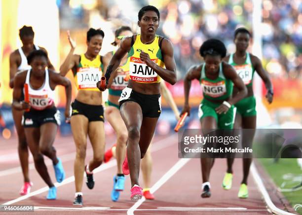 Janieve Russell of Jamaica competes in the Women's 4x400 metres relay final during athletics on day 10 of the Gold Coast 2018 Commonwealth Games at...