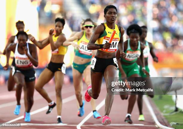 Janieve Russell of Jamaica competes in the Women's 4x400 metres relay final during athletics on day 10 of the Gold Coast 2018 Commonwealth Games at...