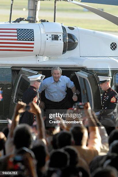 President Bush gets out of a helicopter as he attends a get-out-the-vote rally on Monday, October 30, 2006 in Sugar Land, Texas. Sekula-Gibbs is...