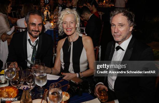 Ara Vartanian, Ellen Von Unwerth and Oskar Metsavaht attend the 2018 amfAR gala Sao Paulo at the home of Dinho Diniz on April 13, 2018 in Sao Paulo,...