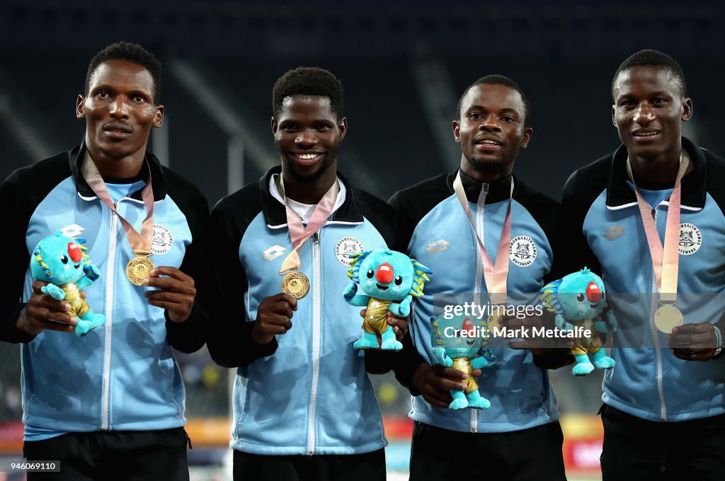 Gold medalists Isaac Makwala, Onkabetse Nkobolo, Baboloki Thebe and