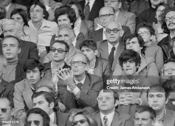French candidate Valery Giscard d'Estaing and his sons Henri et Louis attend the french championship final of rugby, 13th May 1974