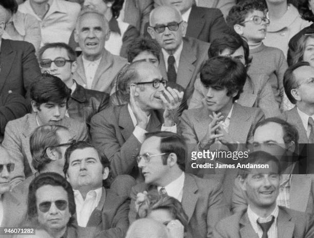 French candidate Valery Giscard d'Estaing and his sons Henri et Louis attend the french championship final of rugby, 13th May 1974