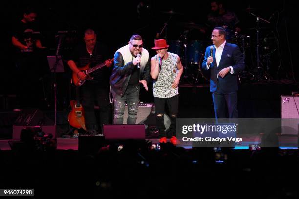 Vico C performs with Angel and Gilberto Santa Rosa as part of his concert "Llego Papa" at Coliseo Jose Miguel Agrelot on April 13, 2018 in San Juan,...