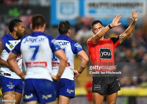 Asipeli Fine of the Bulldogs is sent to the sin bin for 10 minutes during the round six NRL match between the North Queensland Cowboys and the...