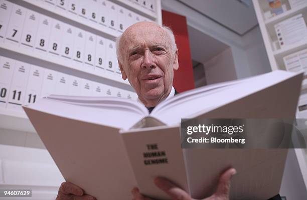 Nobel Prize winner, Professor James Watson, co-discoverer of the structure of DNA poses at the Wellcome Collection exhibition in central London, UK,...