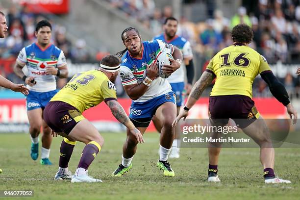 Agnatius Paasi of the Warriors is takled during the round six NRL match between the New Zealand Warriors and the Brisbane Broncos at Mt Smart Stadium...