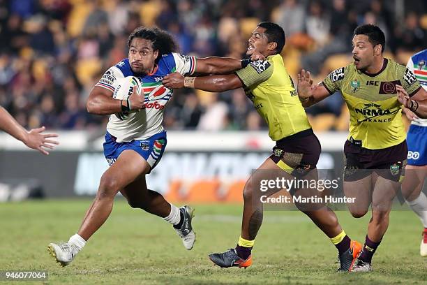 Tohu Harris of the Warriors makes a break during the round six NRL match between the New Zealand Warriors and the Brisbane Broncos at Mt Smart...