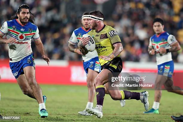 Josh McGuire of the Broncos makes a break during the round six NRL match between the New Zealand Warriors and the Brisbane Broncos at Mt Smart...