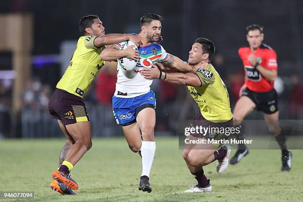 Shaun Johnson of the Warriors looks to take on the defence during the round six NRL match between the New Zealand Warriors and the Brisbane Broncos...