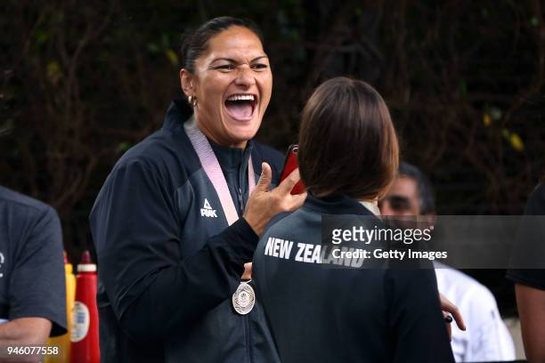 Silver medalists Dame Valerie Adams and Eliza McCartney arrive during a New Zealand medal celebration on day 10 of the Gold Coast 2018 Commonwealth...