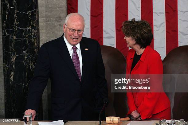 Vice President Dick Cheney and Speaker of the House Nancy Pelosi talk before King Abdullah II of Jordan delivers a speech to a joint session of the...