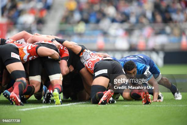 Jimmy Tupou of Blues in scrum during the Super Rugby Round 9 match between the Sunwolves and the Blues at the Prince Chichibu Memorial Ground on...