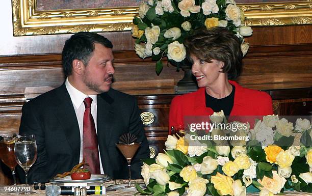 King Abdullah II of Jordan and Speaker of the House Nancy Pelosi talk over lunch in the Rayburn Room of the U.S. Capitol in Washington, DC on March...