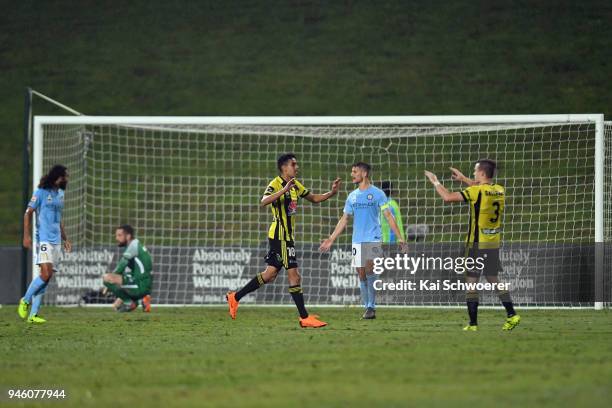 Sarpreet Singh of the Phoenix celebrates scoring a goal during the round 27 A-League match between the Wellington Phoenix and Melbourne City FC at...