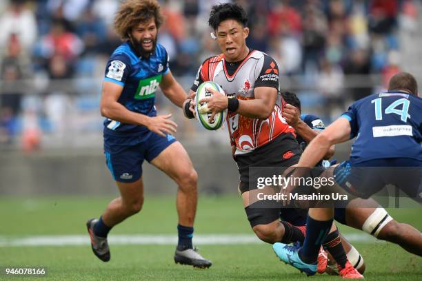 Yoshitaka Tokunaga of Sunwolves is tackled during the Super Rugby Round 9 match between the Sunwolves and the Blues at the Prince Chichibu Memorial...