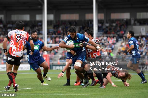 Akira Ioane of Blues runs with the ball during during the Super Rugby Round 9 match between the Sunwolves and the Blues at the Prince Chichibu...