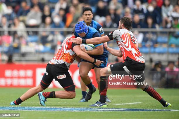 James Parsons of Blues is tackled during the Super Rugby Round 9 match between the Sunwolves and the Blues at the Prince Chichibu Memorial Ground on...