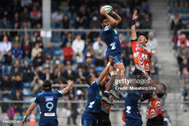 Akira Ioane of Blues catches the lineout ball during the Super Rugby Round 9 match between the Sunwolves and the Blues at the Prince Chichibu...