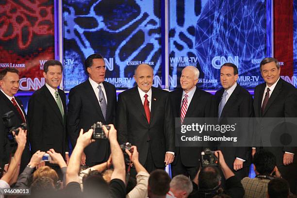 Presidential hopefuls, from left to right, Wisconsin Governor Tommy Thompson, Senator Sam Brownback of Kansas, former Massachusetts Governor Mitt...