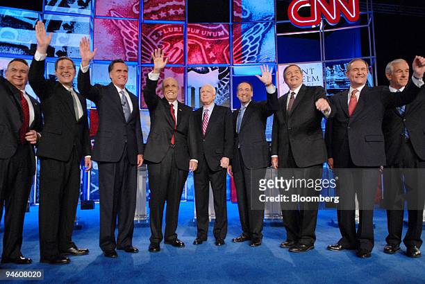 Presidential hopefuls, from left to right, Wisconsin Governor Tommy Thompson, Senator Sam Brownback of Kansas, former Massachusetts Governor Mitt...
