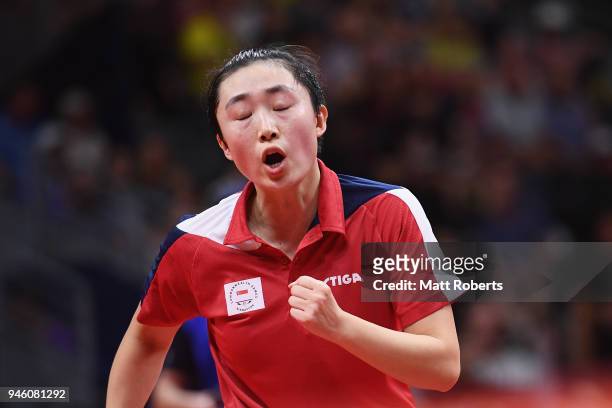 Tianwei Feng of Singapore reacts against Mo Zhang of Canada during the Women's Singles Bronze Medal Table Tennis on day 10 of the Gold Coast 2018...