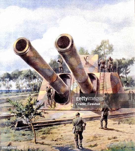 World War II-War in Italy-Sicily 1943 Heavy Artillery Italian camouflaged ready to counter the enemy assault. Illustrated by La Tribuna Illustrata...