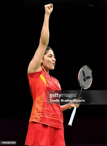 Ashwini Ponnappa of India celebrates victory in the WomenÕs Doubles Bronze Medal match against Gronya Somerville and Setyana Mapasa of Australia...
