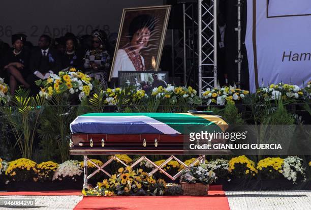 The coffin of Winnie Madikizela-Mandela is displayed in front of the stage at Orlando Stadium for the funeral ceremony in Soweto, South Africa on...