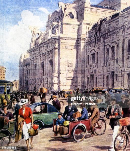 Second World War, Fascism Milan Italy in 1943 and bicycle traffic in Milan during the first months of 1943su an illustration of La Domenica del...