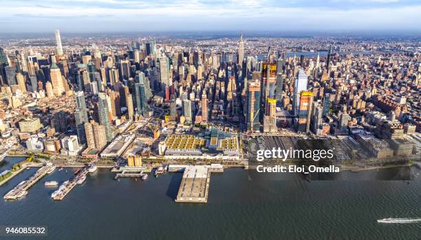 helicopter view of midtown manhattan - chelsea new york stock pictures, royalty-free photos & images