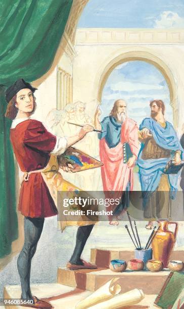 Creative illustration - History of Rome Reinassance. Raffaello while painting The School of Athens, or Scuola di Atene in Italian, one of the most...