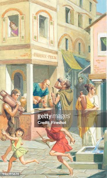 Creative illustration - History of Rome Street of ancient Rome with taberna serving wine. A taberna was a single room shop covered by a barrel vault...
