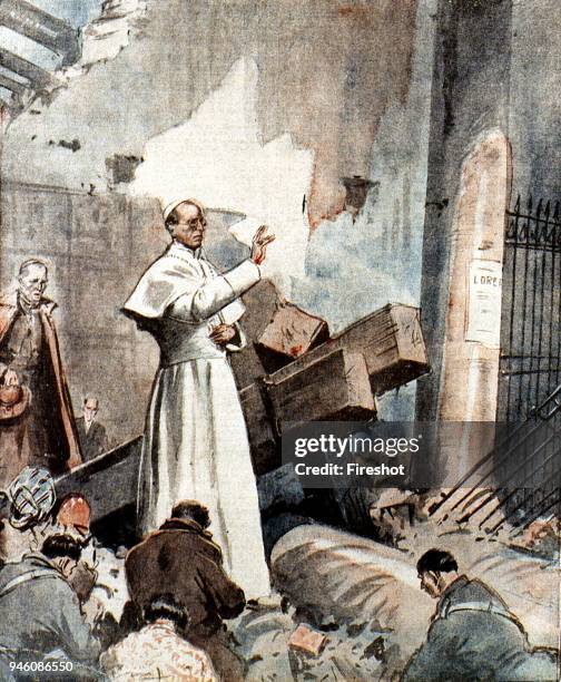 Second World War - Italy 1943 Air Raid of Rome. Pope Pius XII pray to de profunsdis in the rubble of the Basilica of San Lorenzo after the bombing of...