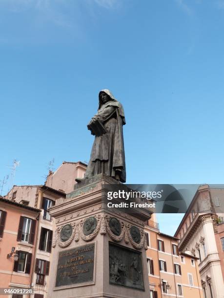 Rome-Bronze statue of Giordano Bruno by Ettore Ferrari, Campo de' Fiori, Rome. Born Filippo Bruno, was an Italian Dominican friar, philosopher,...