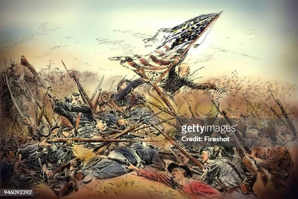 American Civil War-Hand to hand fighting at Spotsylvania. Hancock Corps assaulting the works at the bloody angle. The Battle of Spotsylvania Court...