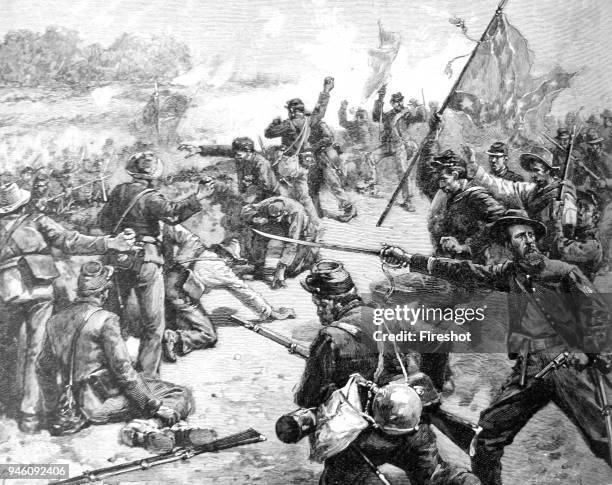 American Civil War-Starke Louisiana Brigade fighting with stones at the embankment near the Deep Cut. Action at the Deep Cut, The Second Battle of...