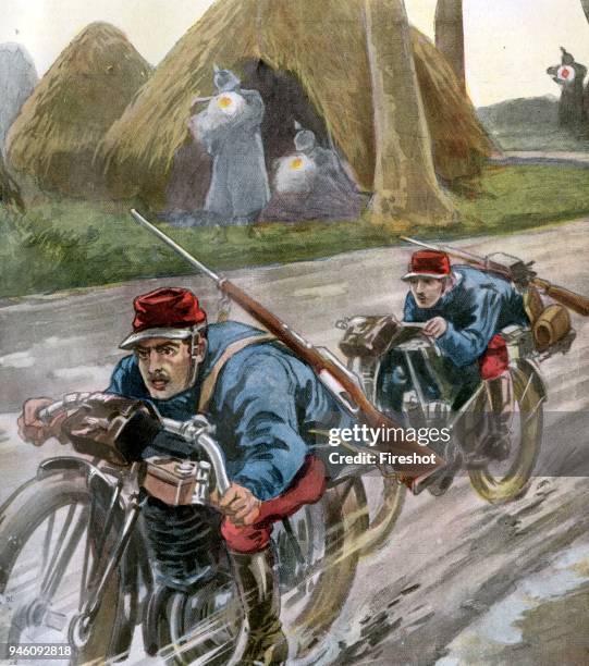 World War I 1914 1918-French soldiers aboard fast motorcycles evade the fire of a German patrol. .