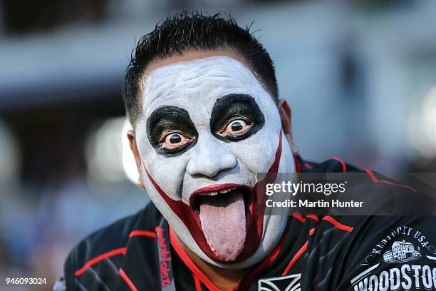 Warriors fan shows his support during the round six NRL match between the New Zealand Warriors and the Brisbane Broncos at Mt Smart Stadium on April...