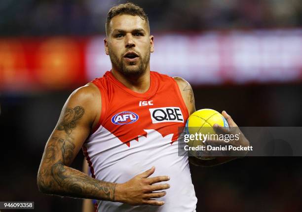 Lance Franklin of the Swans marks the ball during the round four AFL match between the Western Bulldogs and the Sydney Swans at Etihad Stadium on...