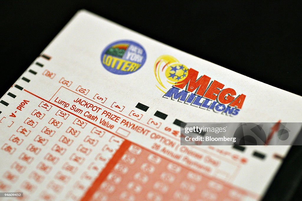 A Mega Millions lottery jackpot ticket awaits a customer ins