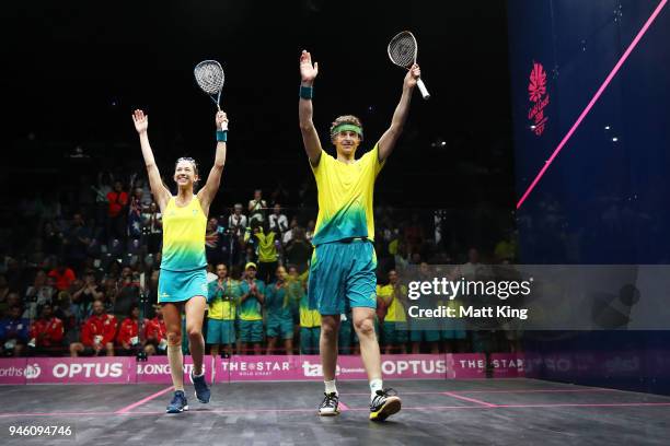 Donna Urquhart and Cameron Pilley of Australia celebrate victory during the Mixed Doubles Gold Medal Match between Dipika Pallikal Karthik and Saurav...
