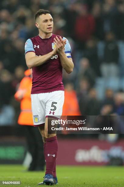 James Chester of Aston Villa during the Sky Bet Championship match between Aston Villa and Leeds United at Villa Park on April 13, 2018 in...