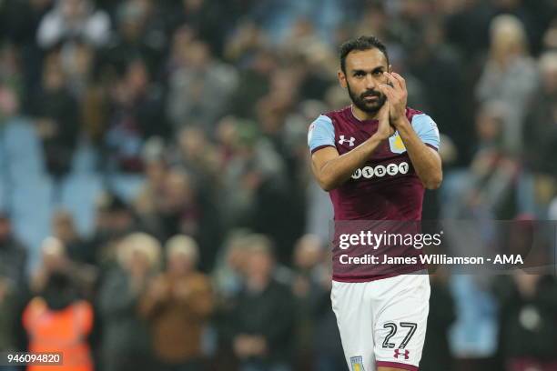 Ahmed Elmohamady of Aston Villa during the Sky Bet Championship match between Aston Villa and Leeds United at Villa Park on April 13, 2018 in...