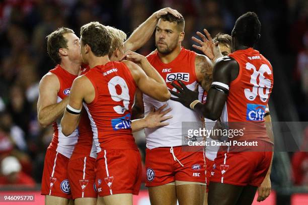 Lance Franklin of the Swans celebrates a goal during the round four AFL match between the Western Bulldogs and the Sydney Swans at Etihad Stadium on...