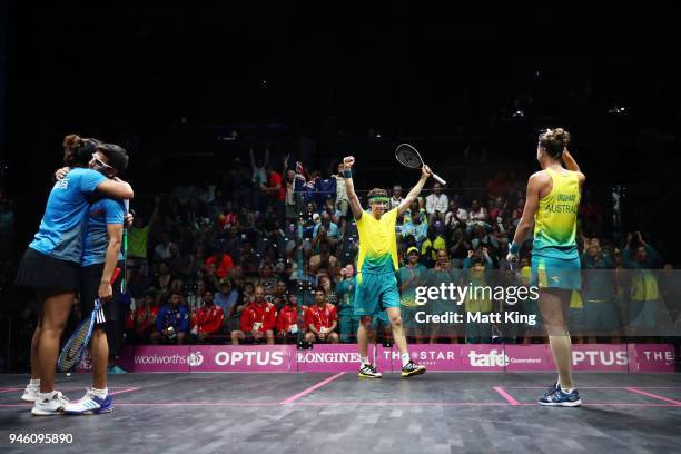 Donna Urquhart and Cameron Pilley of Australia celebrate victory during the Mixed Doubles Gold Medal Match between Dipika Pallikal Karthik and Saurav...