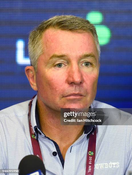 Cowboys coach Paul Green looks on at the post match media conference at the end of during the round six NRL match between the North Queensland...